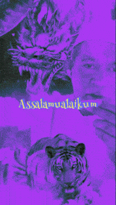 a green background with a man and a tiger and the words assalamualaikum on it