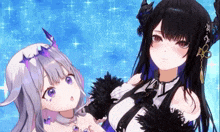 two anime girls are standing next to each other