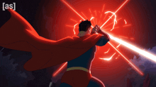 a cartoon of superman with a red cape and the word [ as ] behind him