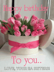 a birthday card with a box of pink flowers and the words happy birthday to you