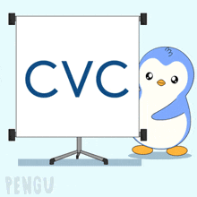 a penguin stands in front of a cvc capital partners presentation board
