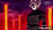 a cartoon character with a mask on his face is standing in front of a fire .