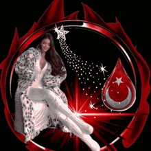 a woman in a fur coat sits in a red circle with a crescent moon