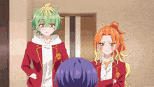 a couple of anime characters standing next to each other one with green hair and the other with orange hair