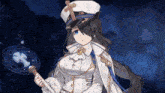 a girl with long black hair is wearing a white hat and holding a wand .