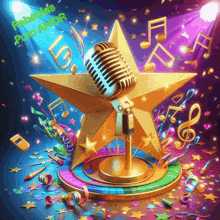a gold star with a microphone in the center and the words rebeldes puro amor on the bottom