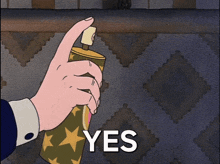 a cartoon of a hand holding a spray can that says " yes "