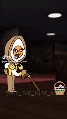 a cartoon character with a cane and an egg on his head