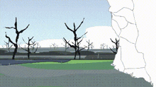 a pixel art drawing of a landscape with trees and a river
