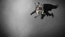 a pug wearing a helmet and a sword is flying through the air