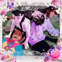 a picture of a group of people laying in the grass with flowers and butterflies surrounding them