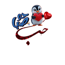 a penguin is holding a red heart shaped balloon in front of a sign that says ' ig '