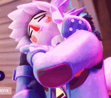 a purple and white cartoon character with the word emote on the bottom