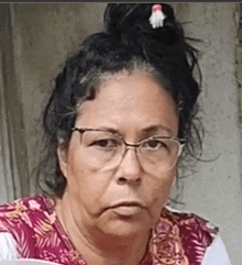 a woman wearing glasses and a bun looks at the camera with a serious look on her face .