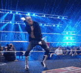 a wrestler in a ring with the word yeti on the wall