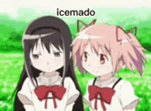 two anime girls are standing next to each other in a field and looking at each other .