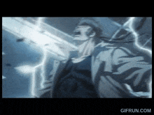a gif from gifrun.com shows a man being struck by a lightning bolt