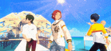 a group of anime characters standing on a beach with the sun shining on them