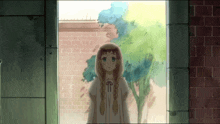 a girl with braids is standing in a doorway with a brick wall in the background