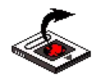 a pixel art drawing of a dolphin coming out of a box with a red heart in the middle .