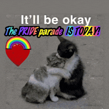 a picture of two cats hugging with the words " it 'll be okay the pride parade is today "