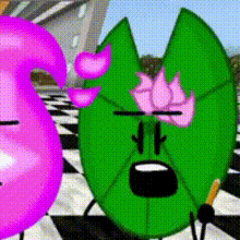 a green leaf with a flower on its face is standing next to a pink number three