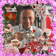 a man is holding a cup of coffee in front of a good morning greeting