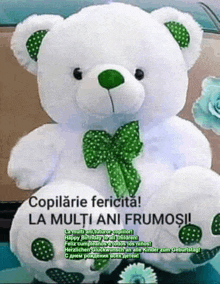 a white teddy bear with a green bow and polka dots