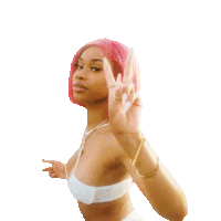 a woman with pink hair is making a peace sign with her hands