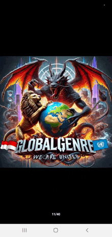 a poster for global genre shows a lion and a dragon holding the earth