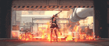 a woman holding a gun in front of a sign that says 50