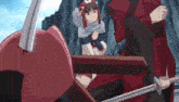 a girl is sitting on a table with a sword