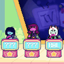 a pixel art illustration of three characters with boxes that say ral