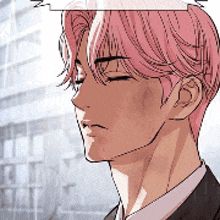 a man with pink hair is wearing a suit and tie and has his eyes closed .