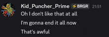 a screenshot of a text message between kid puncher and brgr