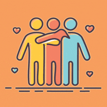 a group of people hugging each other with hearts in the background