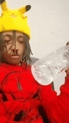 a person wearing a pikachu hat and a red sweater is holding a bottle of water .