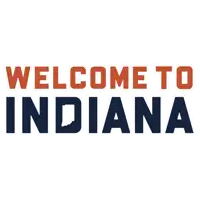 a sign that says welcome to indiana in orange and blue letters