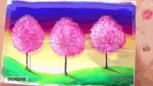 a painting of three pink trees with drawbook written below them