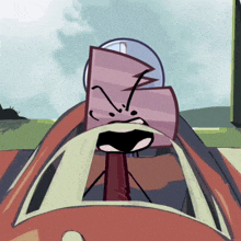 a cartoon character is sitting in a cockpit with his mouth open