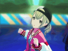 a girl wearing a baseball cap and a jacket that says ' tokyo ' on the front