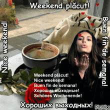 a woman blowing a kiss next to a cup of coffee and a rose