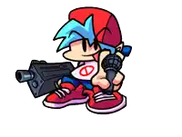 a cartoon character holding a gun and a microphone with the letter d on his shirt