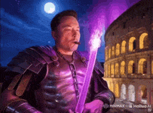 a man in armor is smoking a cigar and holding a purple wand