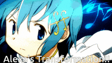 a blue haired anime girl with the words alexa 's transformation