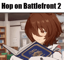a girl is reading a book in a library and the words `` hop on battlefront 2 '' are above her .