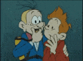 two cartoon characters are standing next to each other and one has a backpack on .