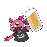 a pink sesame street character is holding a beer mug