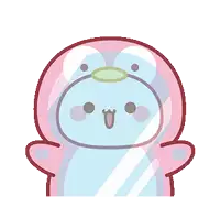 a pink and blue penguin is standing in front of a mirror with a surprised look on its face .