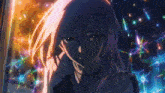 a close up of a girl with a rainbow background
